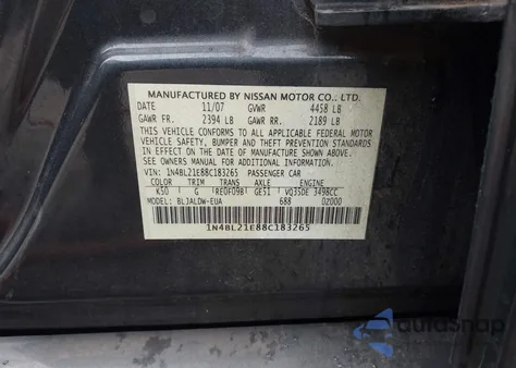 2008 Nissan Altima 3.5 Se z USA, uszkodzony, nr VIN 1N4BL21E88C183265